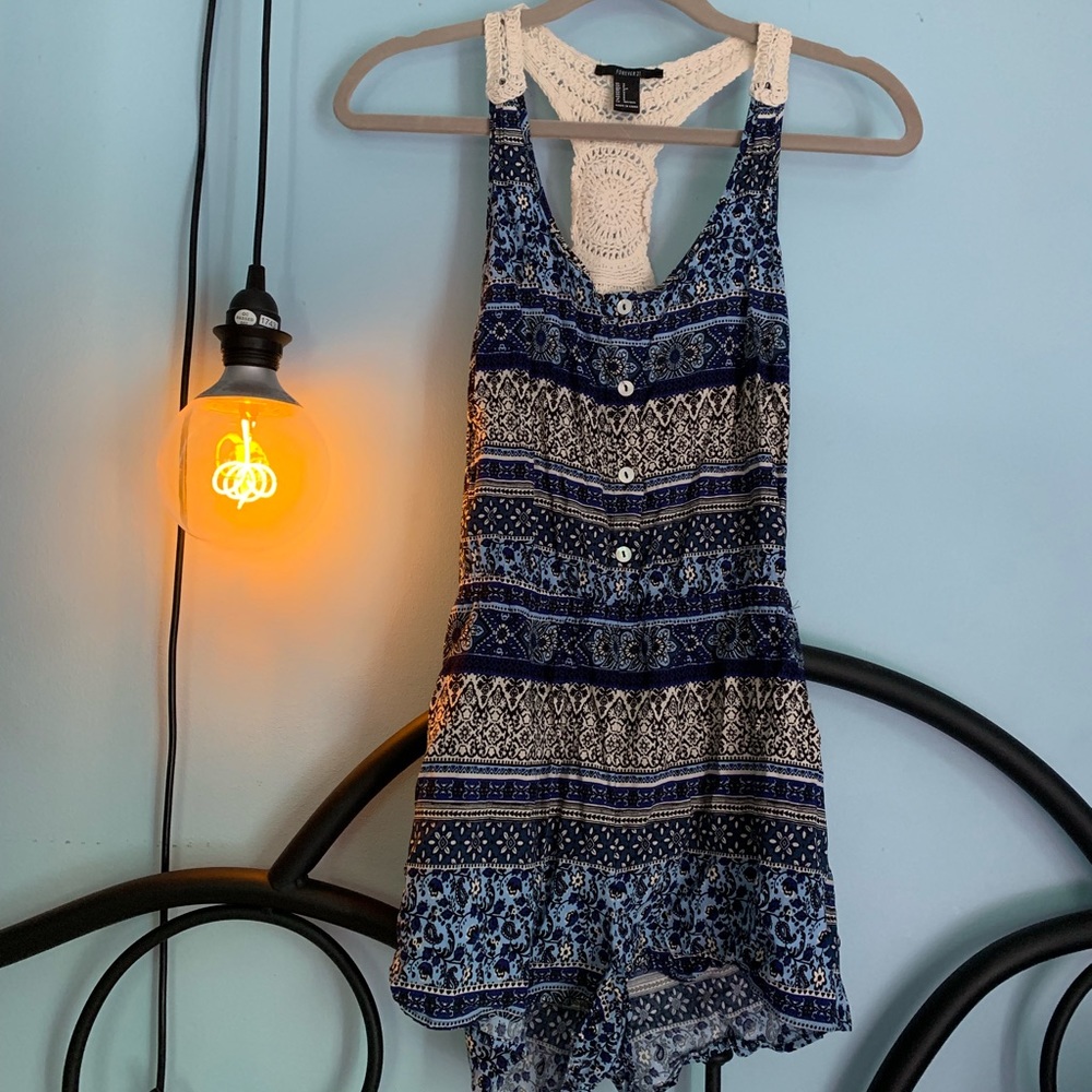 blue romper with crochet racerback